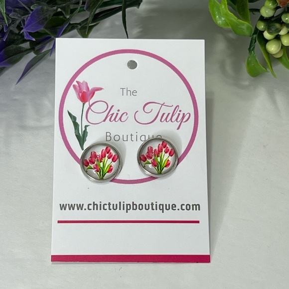Red Tulip Earrings Inspired earrings Stud Cute Red Bouquet Flower Earring round - Picture 10 of 12